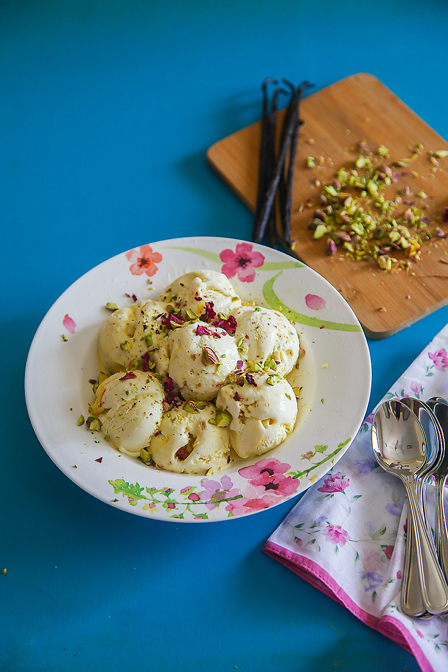 Saffron and Vanilla Bean Ice Cream With Crushed Pistachios and Rose