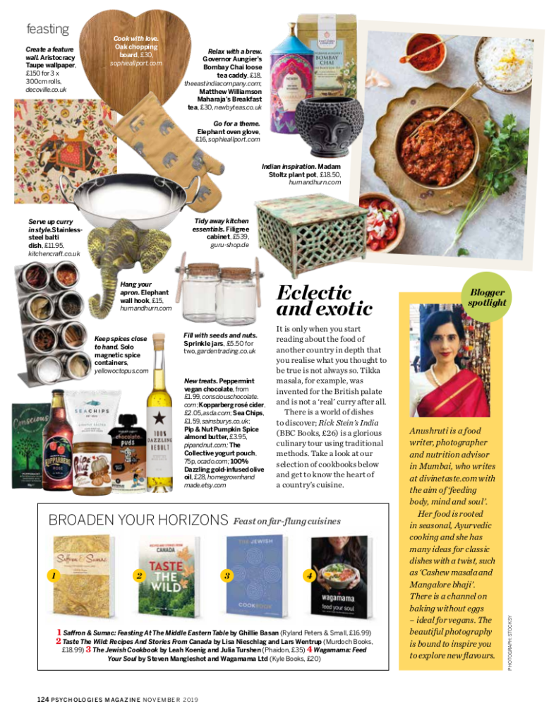 Coverage of Anushruti and Divine Taste in Psychologies Magazine in November 2019